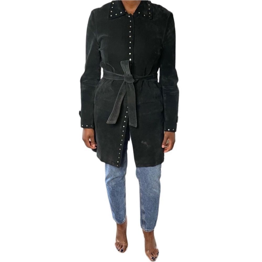 Express Vintage Suede Leather Studded Belted Trench Coat Jacket